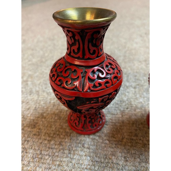 Tiny Red Japanese Brass Mouth Antique Hand Carved Vases - Picture 2 of 4